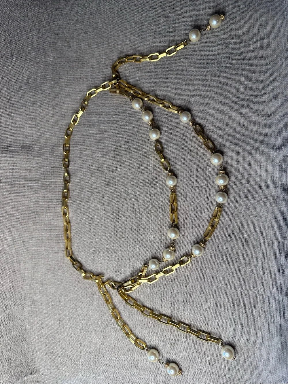 Vintage 80s Gold Chain Belt Faux Pearl Swag Link Boho Adjustable Necklace